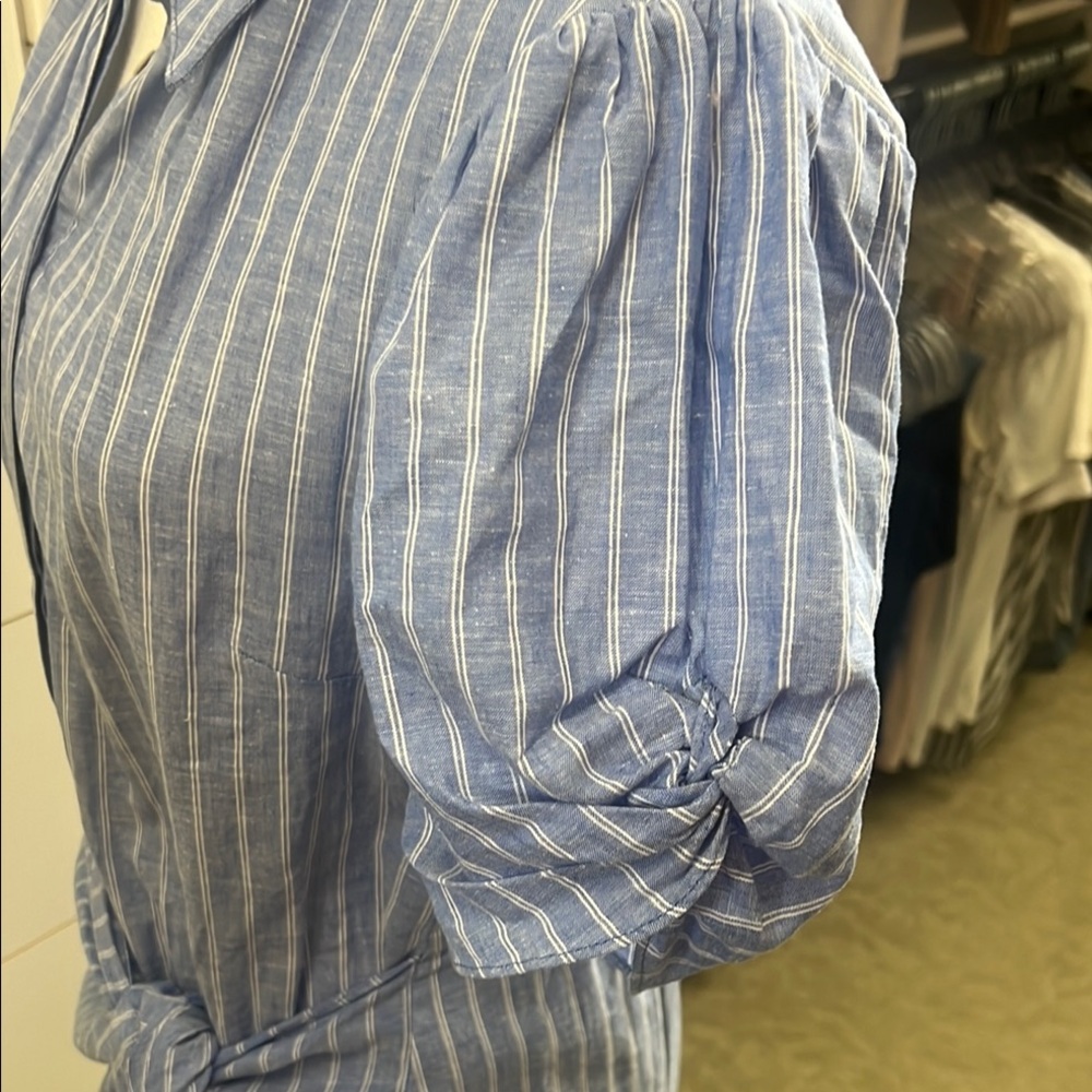 Cing a Sept Tira Linen Pinstripe Puffed Short Sleeve Self-Tie Waist Mini Dress 6 - Picture 4 of 9